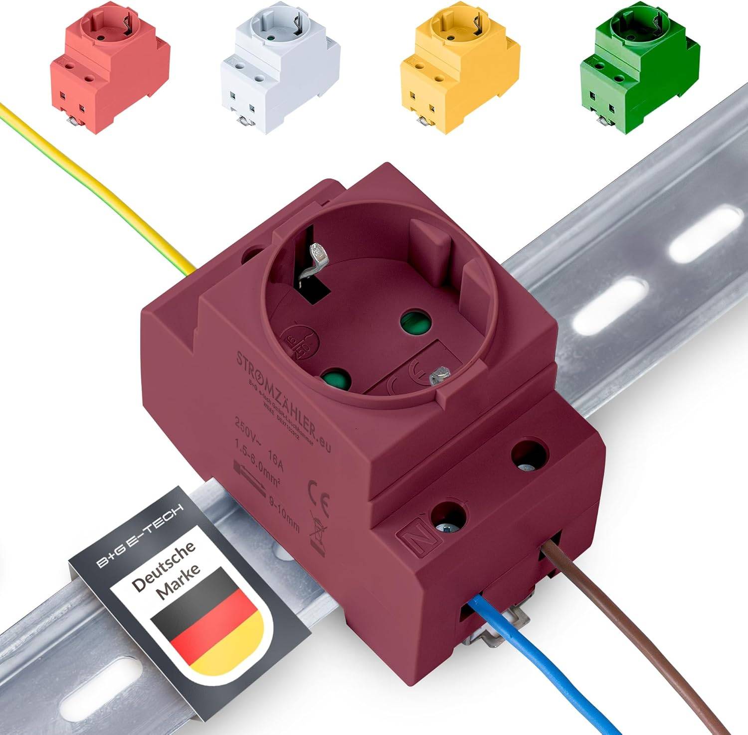 B+G E-Tech GS16 - Schuko- Einbausteckdose für DIN Hutschiene (DUNKELROT) farbige Serie-1