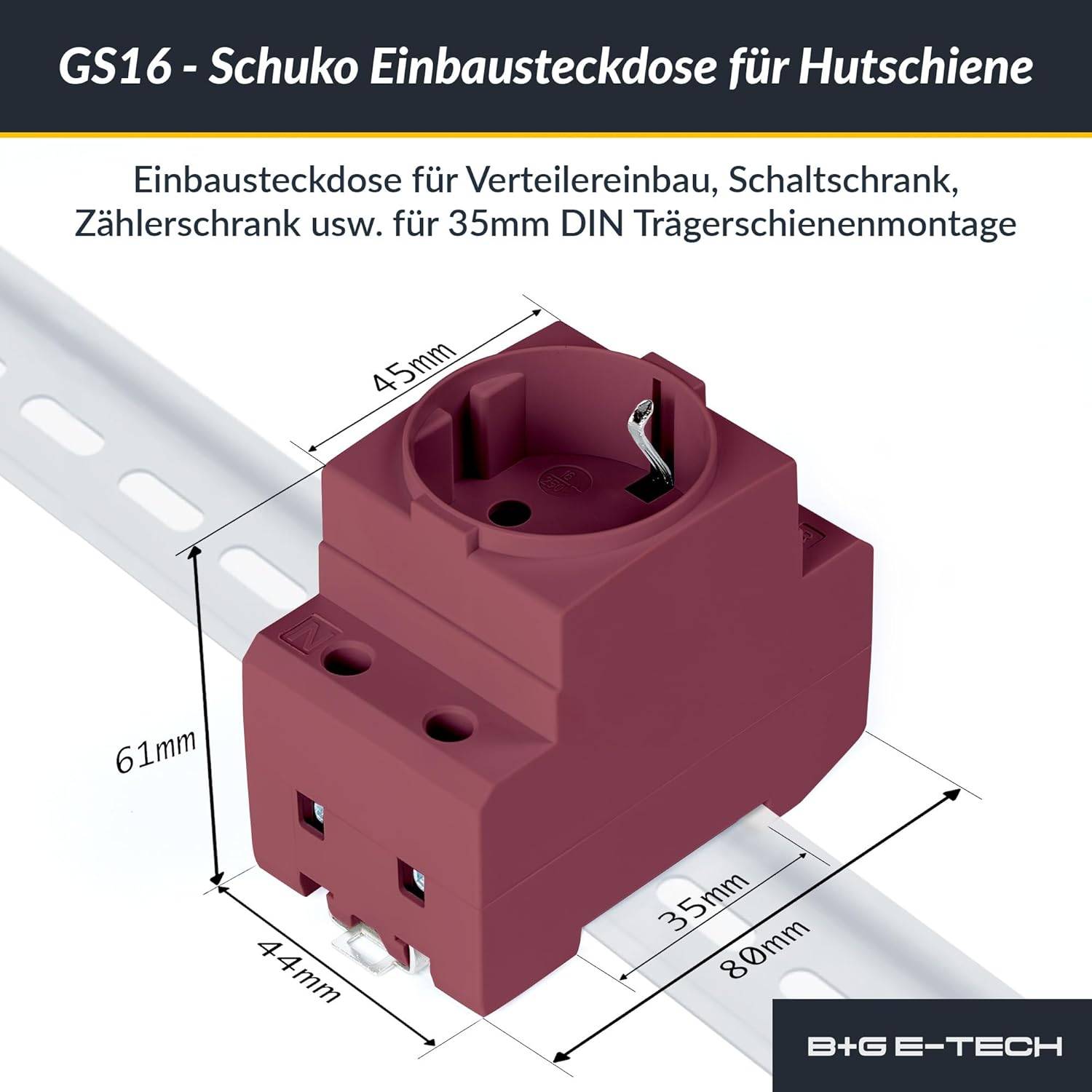 B+G E-Tech GS16 - Schuko- Einbausteckdose für DIN Hutschiene (DUNKELROT) farbige Serie-2