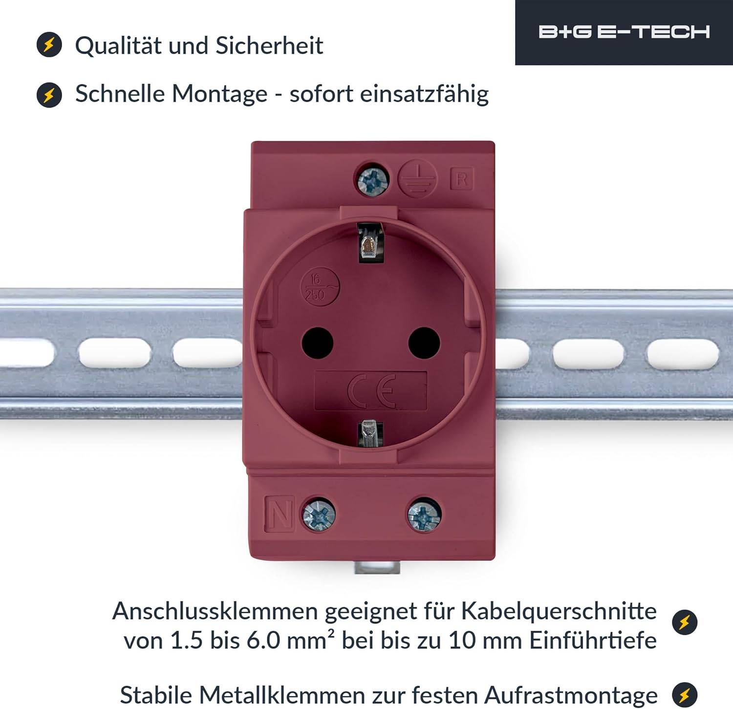 B+G E-Tech GS16 - Schuko- Einbausteckdose für DIN Hutschiene (DUNKELROT) farbige Serie-3