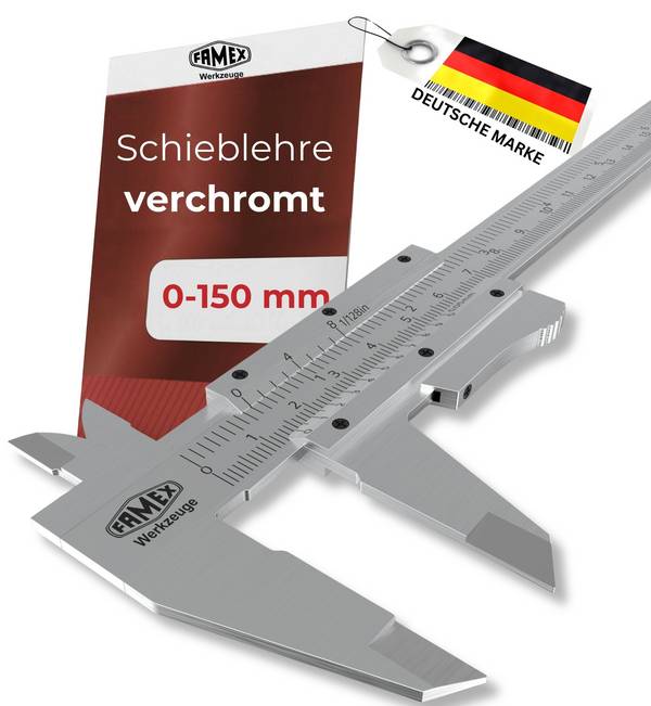 FAMEX 12752 Präzisions-Schieblehre 0–150 mm, 0,05 mm Auflösung – Messwerkzeug mit Einstelltaste und Aufbewahrungstasche