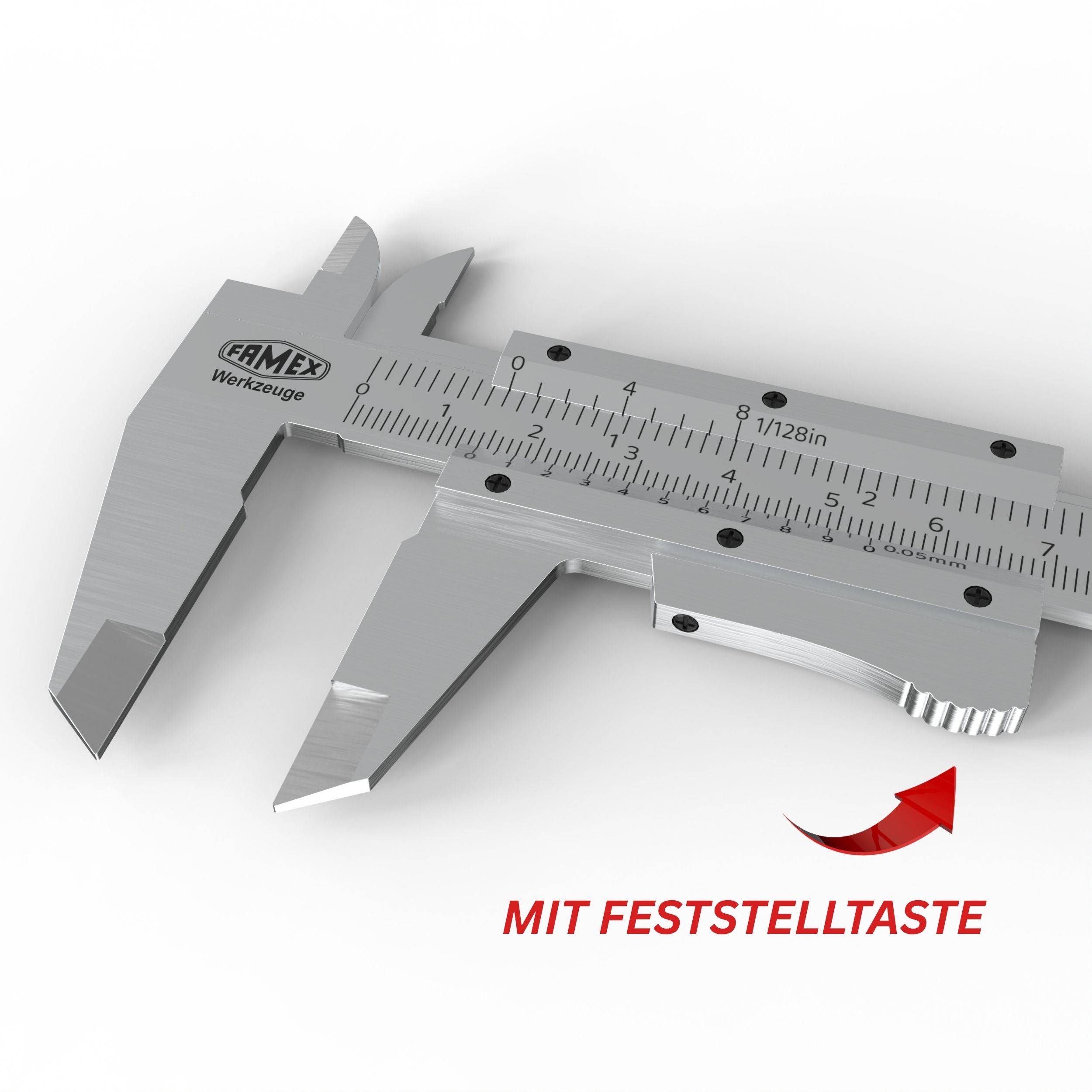 FAMEX 12752 Präzisions-Schieblehre 0–150 mm, 0,05 mm Auflösung – Messwerkzeug mit Einstelltaste und Aufbewahrungstasche-2