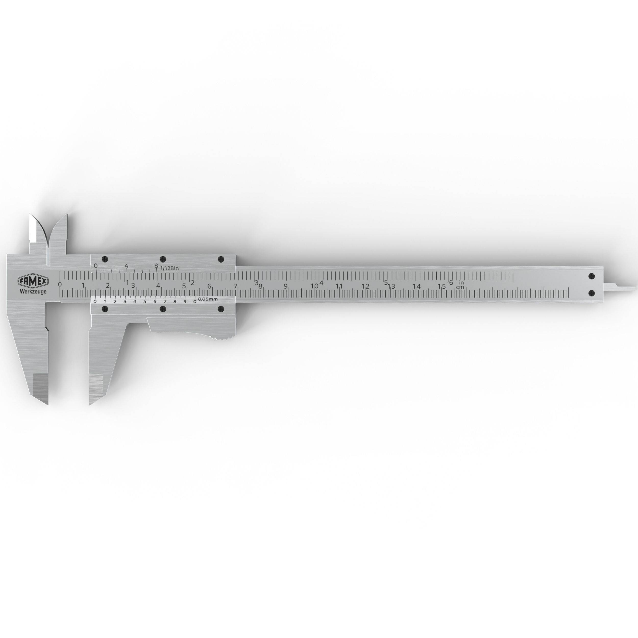FAMEX 12752 Präzisions-Schieblehre 0–150 mm, 0,05 mm Auflösung – Messwerkzeug mit Einstelltaste und Aufbewahrungstasche-3
