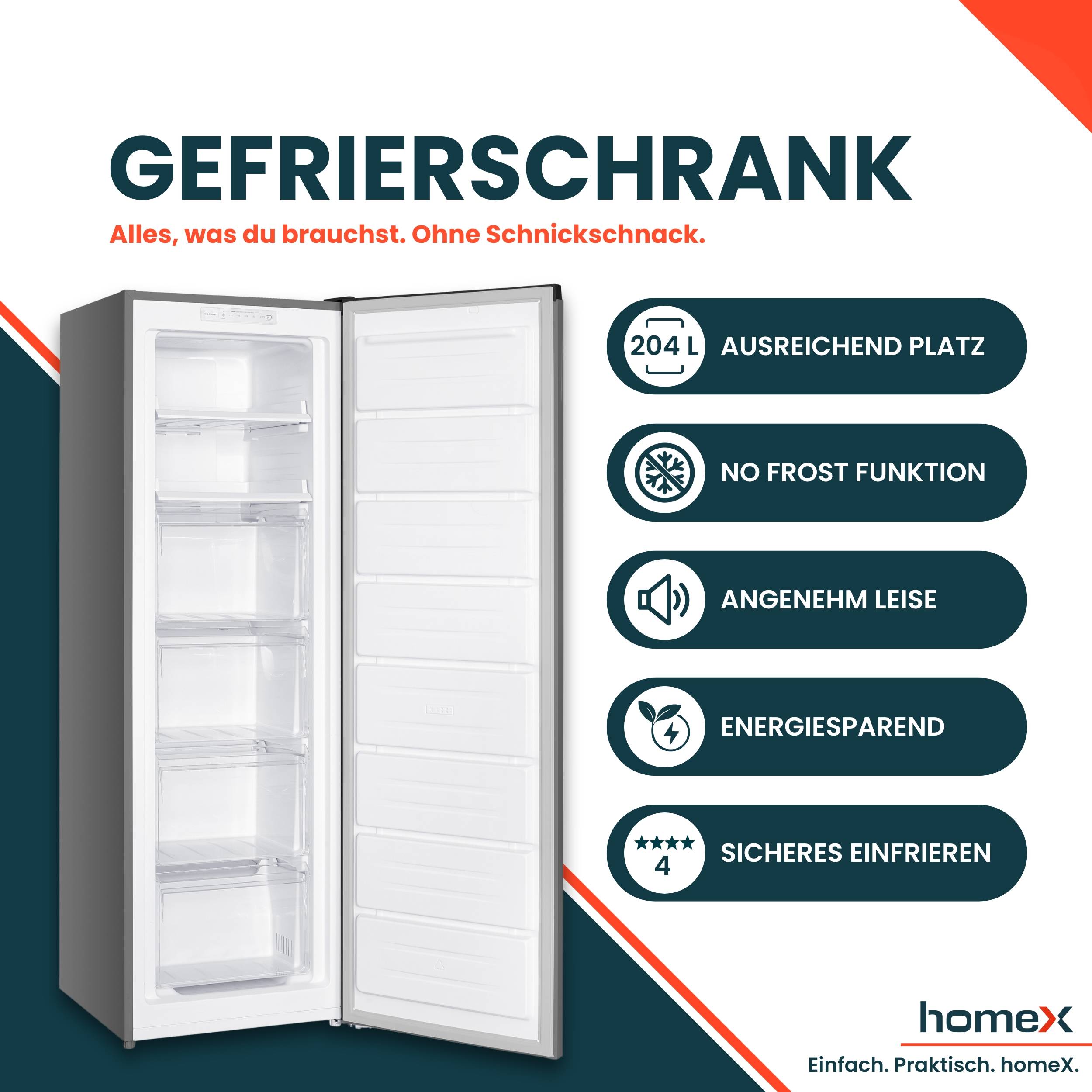 homeX Gefrierschrank No Frost, Tiefkühlschrank groß - 204 Liter, 4-Sterne Gefrieren, Super-Frost-Funktion, FSN2041E-S-2