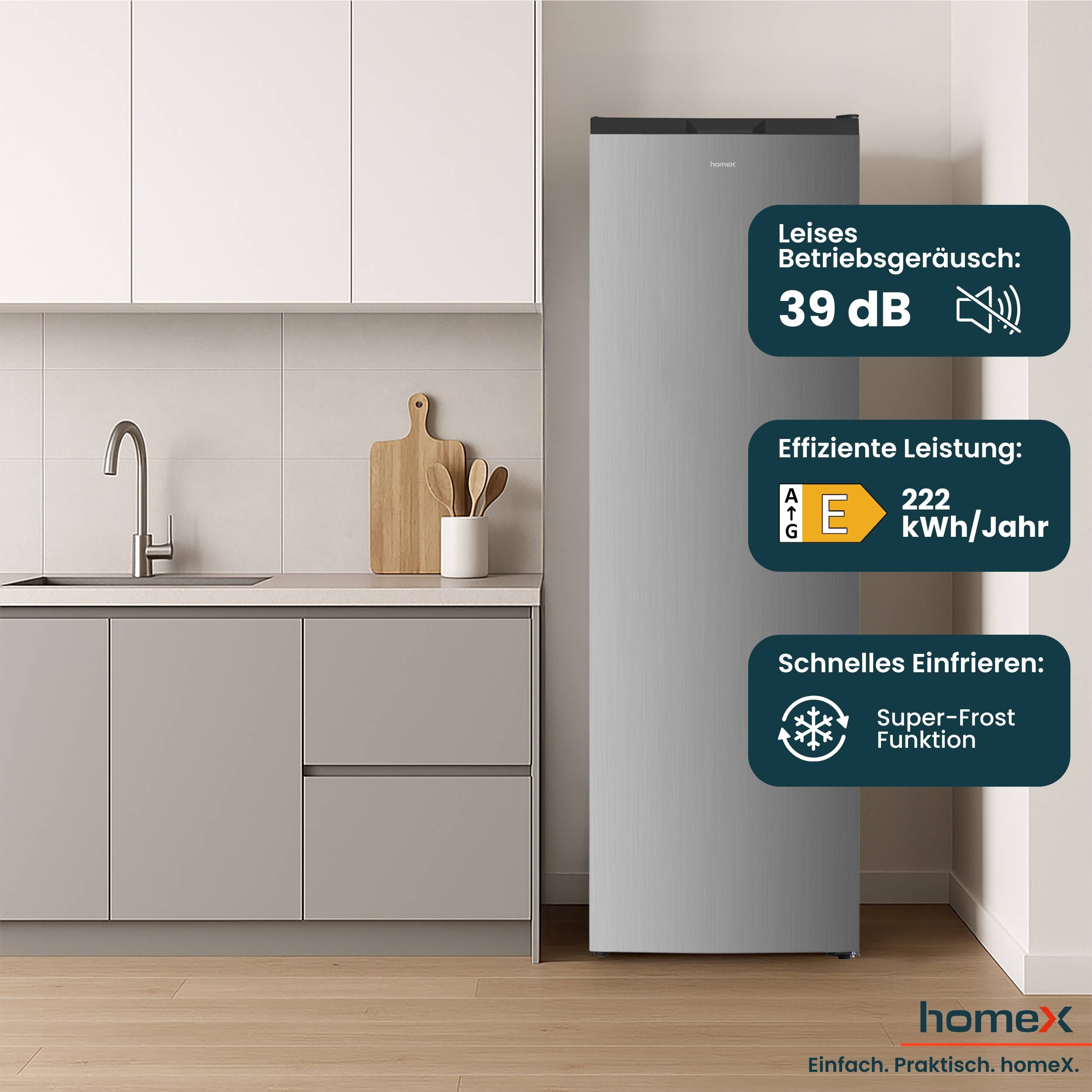 homeX Gefrierschrank No Frost, Tiefkühlschrank groß - 204 Liter, 4-Sterne Gefrieren, Super-Frost-Funktion, FSN2041E-S-3