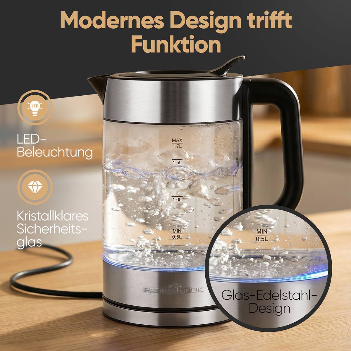 PROFI COOK Wasserkocher PC-WKS 1322, Glas/dark inox, 1,7 L-2