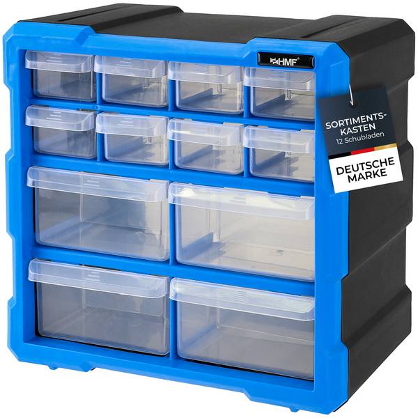 HMF Sortierbox für Kleinteile mit 12 Schubladen, Sortimentskasten für Schrauben, 24 Fächer, 26,5 x 26,5 x 16 cm, Blau