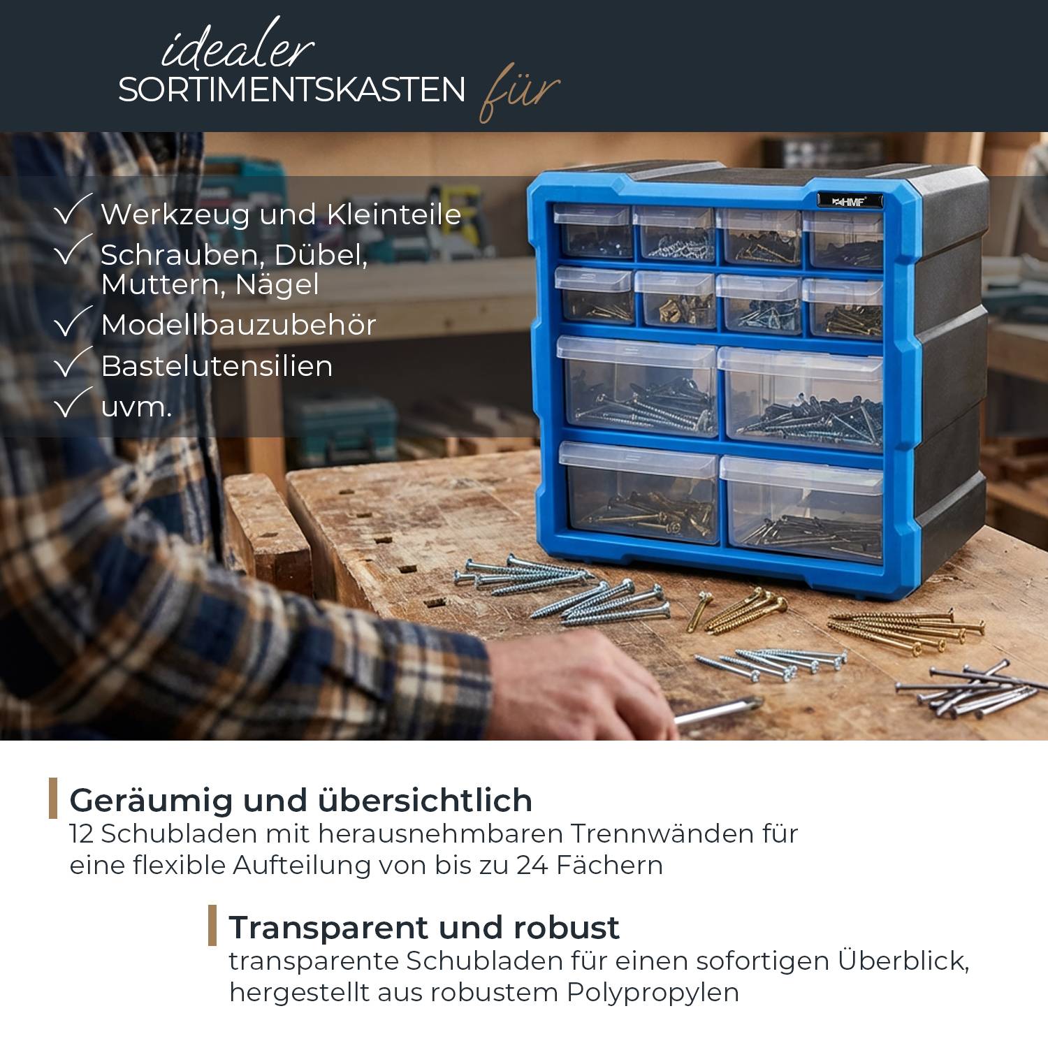 HMF Sortierbox für Kleinteile mit 12 Schubladen, Sortimentskasten für Schrauben, 24 Fächer, 26,5 x 26,5 x 16 cm, Blau-1
