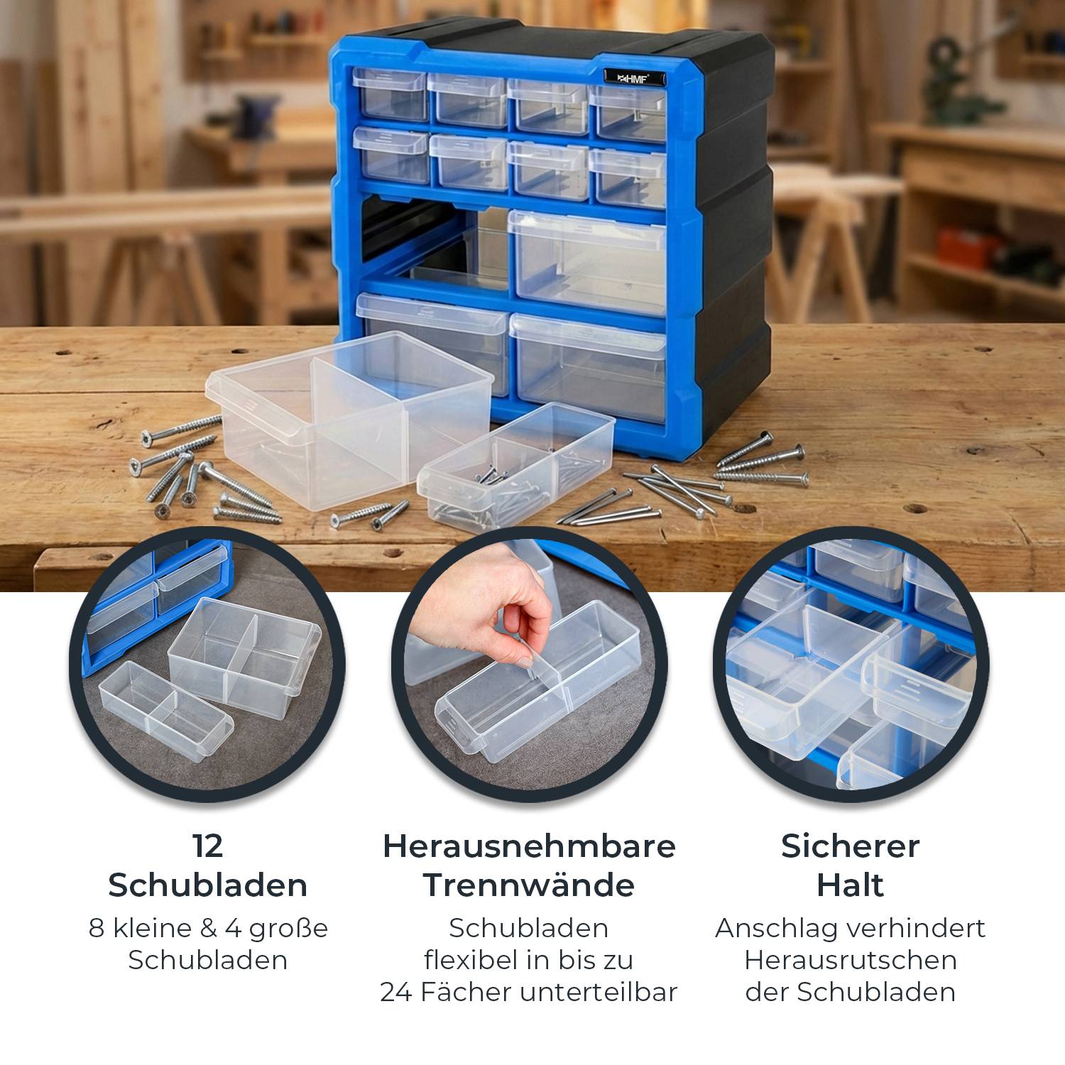 HMF Sortierbox für Kleinteile mit 12 Schubladen, Sortimentskasten für Schrauben, 24 Fächer, 26,5 x 26,5 x 16 cm, Blau-2