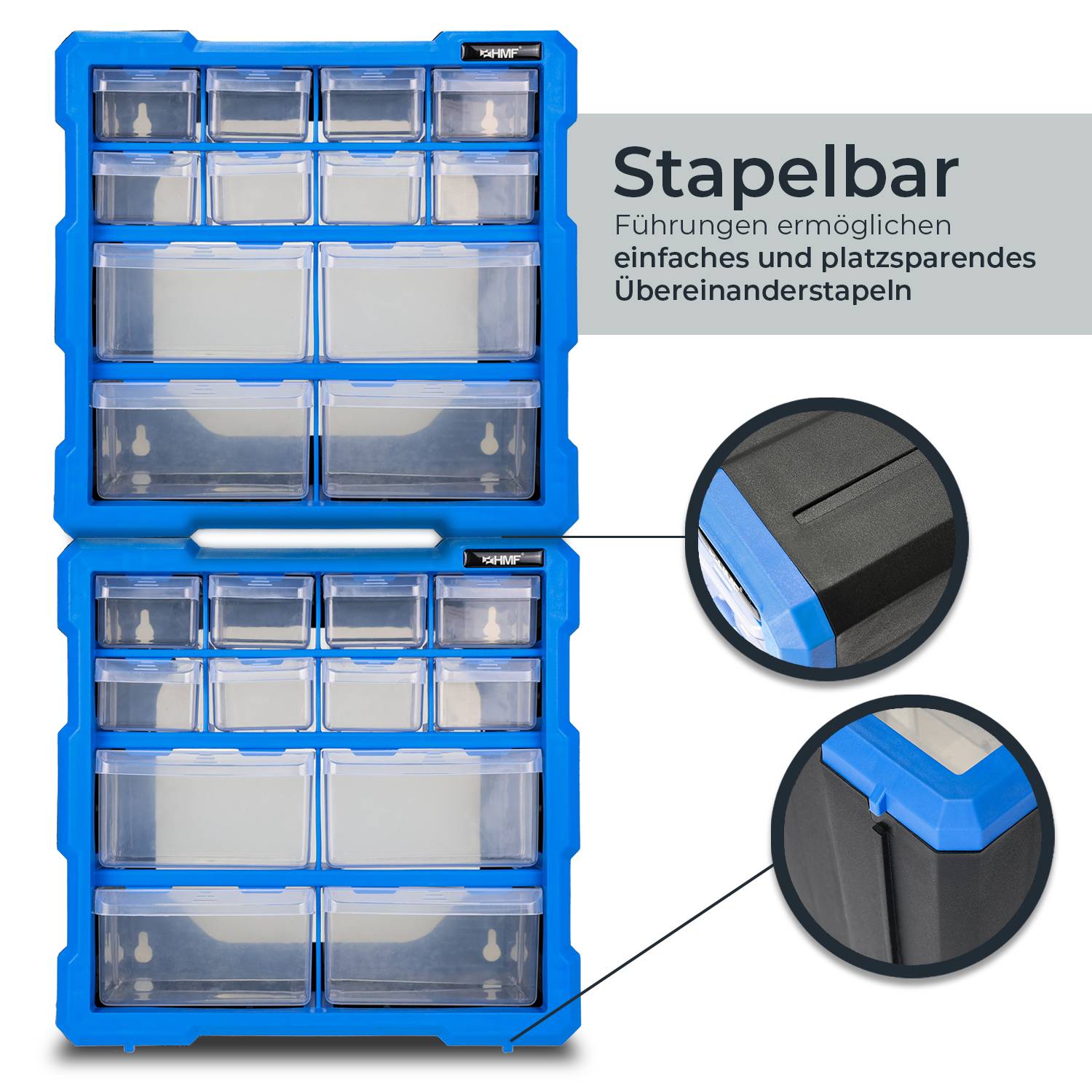 HMF Sortierbox für Kleinteile mit 12 Schubladen, Sortimentskasten für Schrauben, 24 Fächer, 26,5 x 26,5 x 16 cm, Blau-3