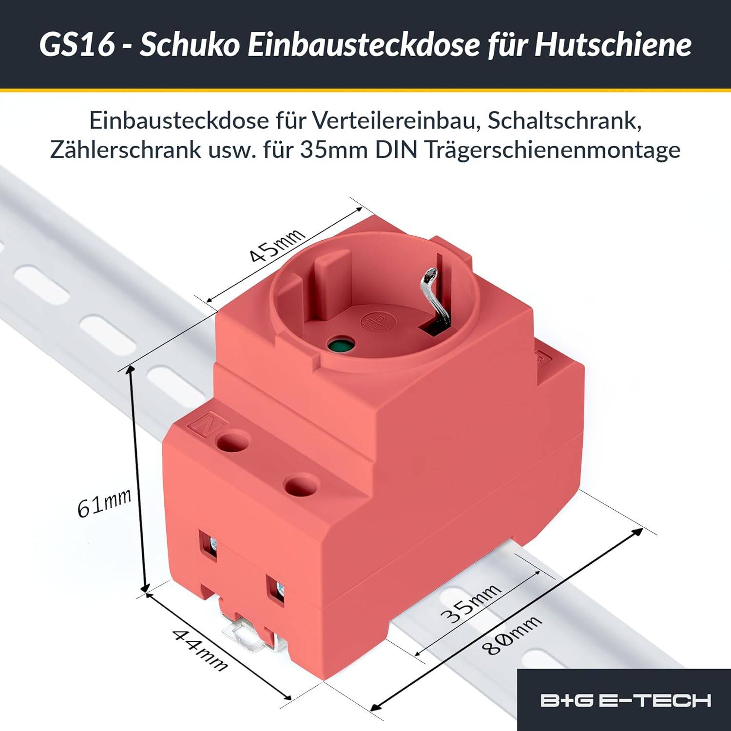 B+G E-Tech GS16 - Schuko- Einbausteckdose für DIN Hutschiene (ORANGE) farbige Serie-3