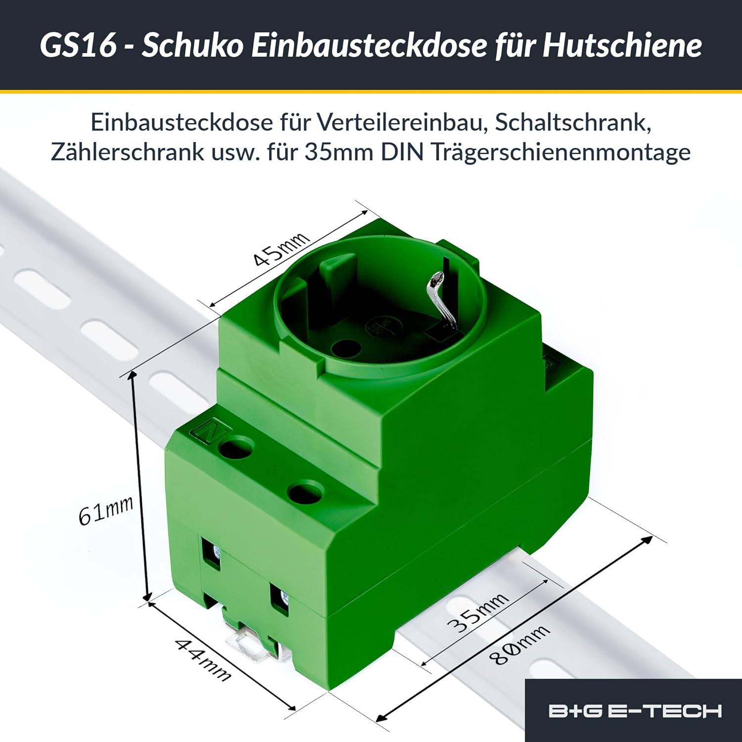 B+G E-Tech GS16 - Schuko- Einbausteckdose für DIN Hutschiene (GRÜN) farbige Serie-3