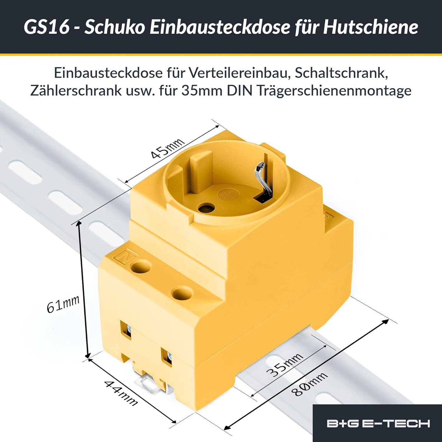 B+G E-Tech GS16 - Schuko- Einbausteckdose für DIN Hutschiene (GELB) farbige Serie-3