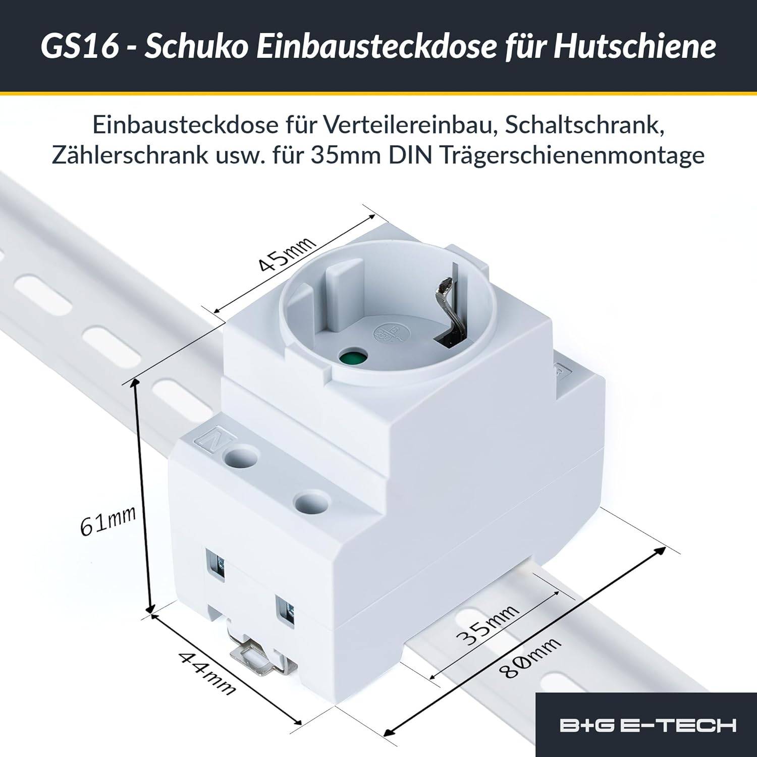 B+G E-Tech GS16 - Schuko- Einbausteckdose für DIN Hutschiene (GRAU) farbige Serie-3