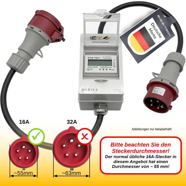B+G E-Tech CEE 16A 400V Zwischenzählerbox Stecker 55mm Ø (Drehstromzähler FLDS100DR) mobil 100A digital