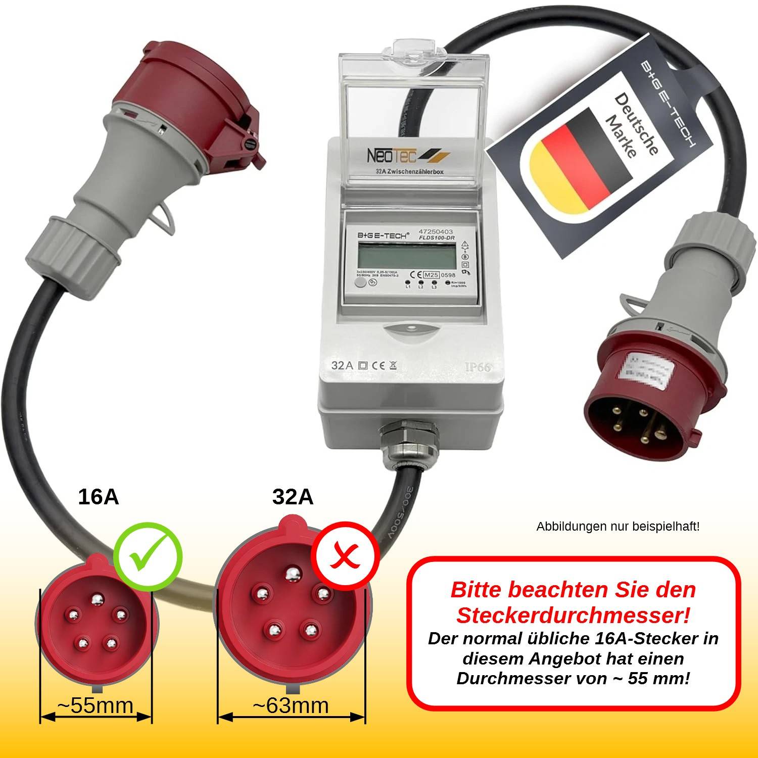 B+G E-Tech CEE 16A 400V Zwischenzählerbox Stecker 55mm Ø (Drehstromzähler FLDS100DR) mobil 100A digital-0