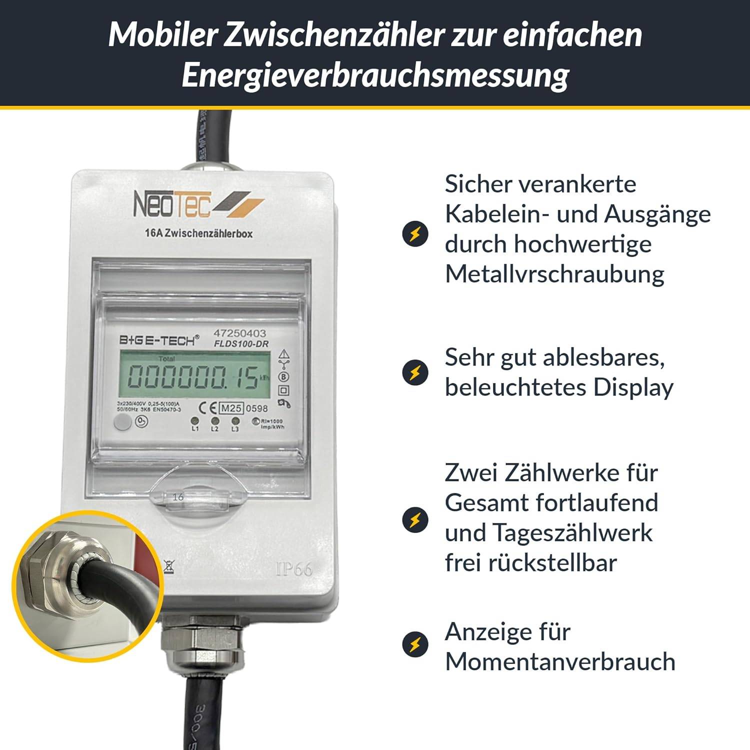 B+G E-Tech CEE 16A 400V Zwischenzählerbox Stecker 55mm Ø (Drehstromzähler FLDS100DR) mobil 100A digital-3