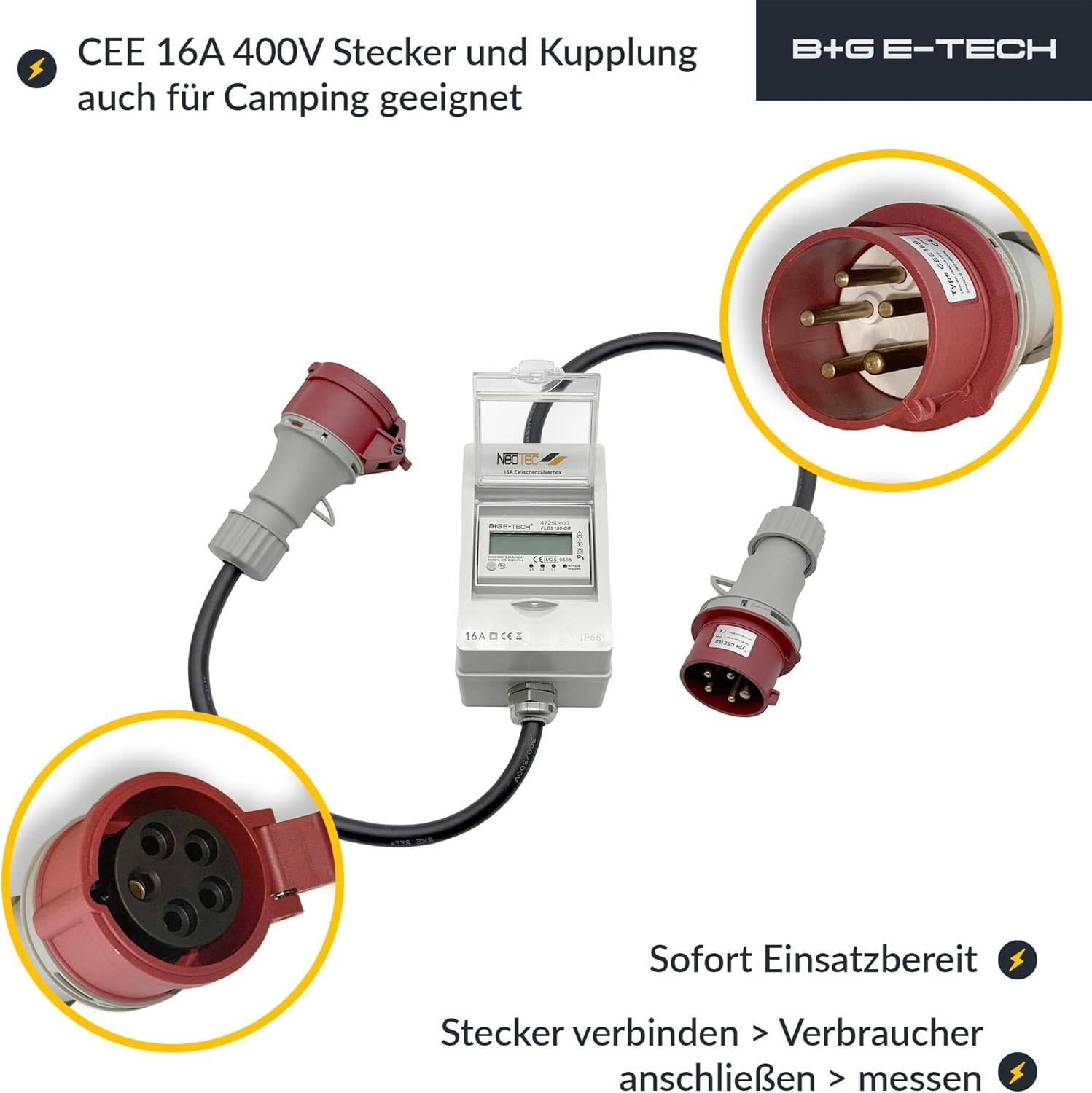 B+G E-Tech CEE 16A 400V Zwischenzählerbox Stecker 55mm Ø (Drehstromzähler FLDS100DR) mobil 100A digital-4
