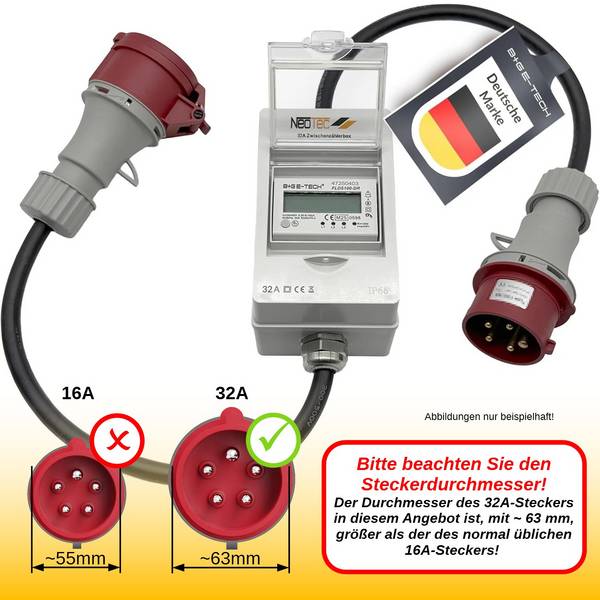 B+G E-Tech CEE 32A 400V Zwischenzählerbox Stecker 63mm Ø (Drehstromzähler FLDS100DR) mobil 100A digital