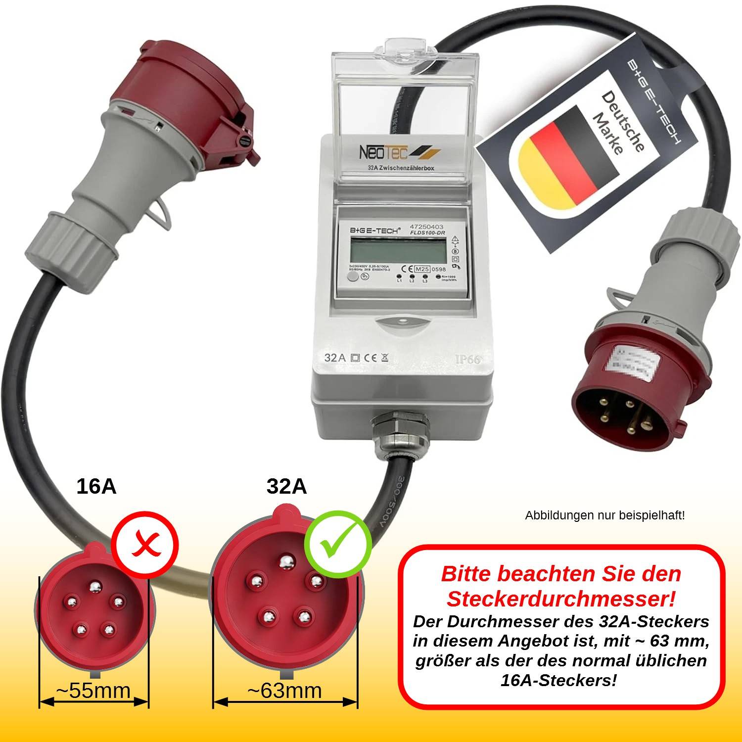 B+G E-Tech CEE 32A 400V Zwischenzählerbox Stecker 63mm Ø (Drehstromzähler FLDS100DR) mobil 100A digital-0