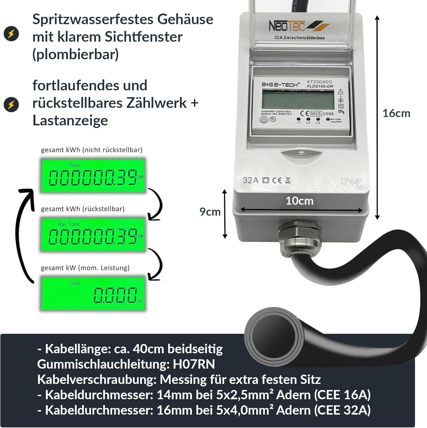 B+G E-Tech CEE 32A 400V Zwischenzählerbox Stecker 63mm Ø (Drehstromzähler FLDS100DR) mobil 100A digital-2