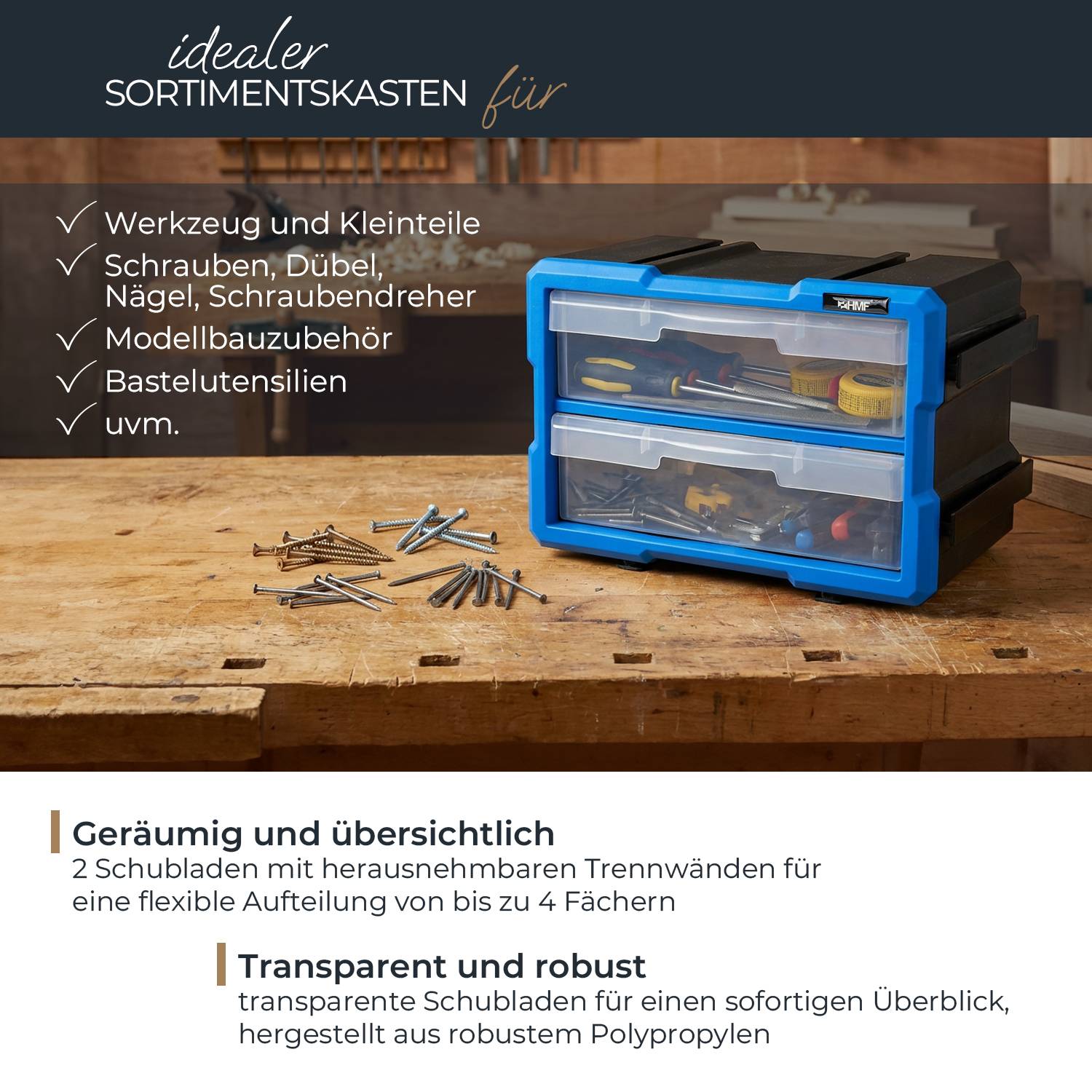 HMF Sortierbox für Kleinteile mit Schubladen, Sortimentskasten für Schrauben und Werkzeug, 4 Fächer, 29,5 x 19,5 x 16 cm-1