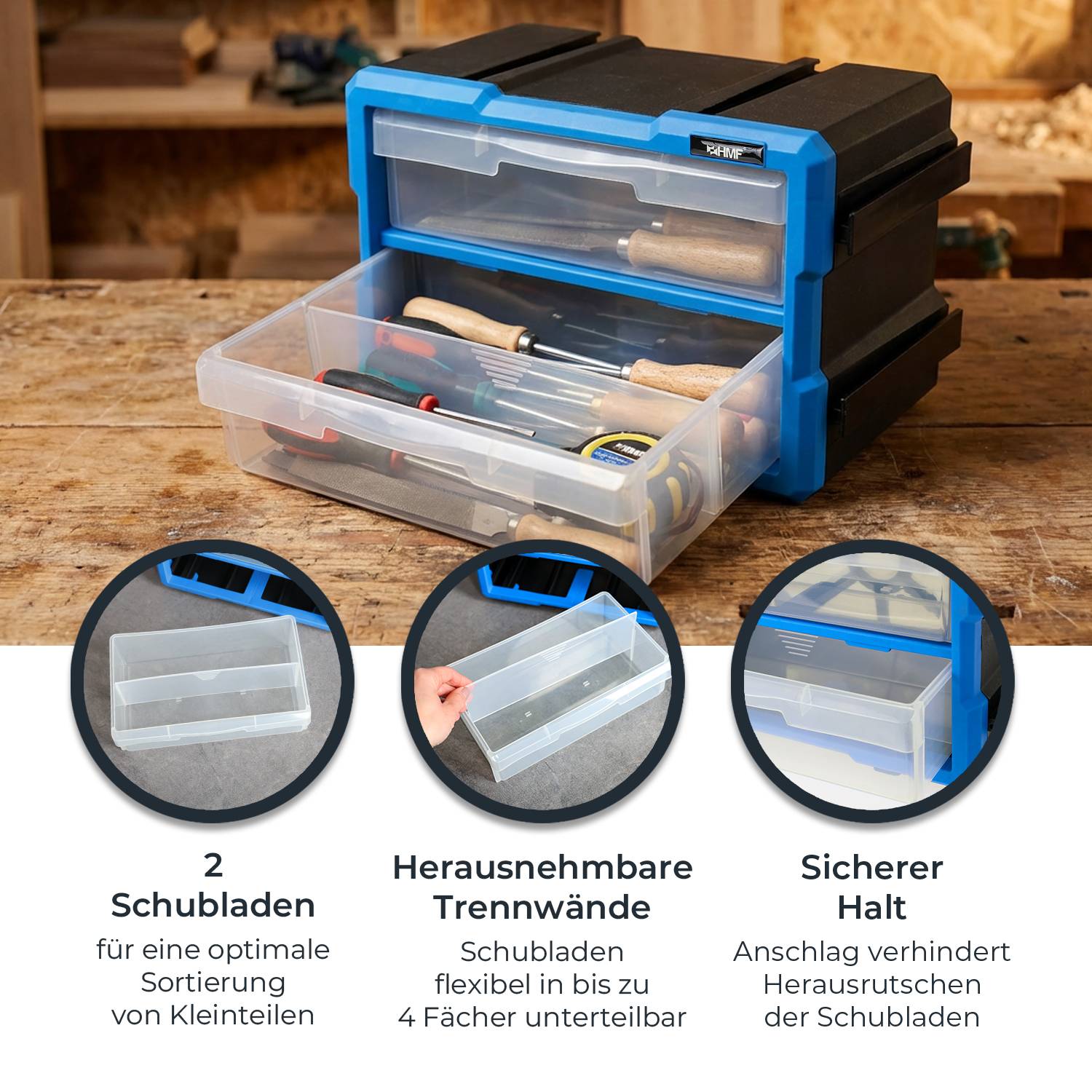 HMF Sortierbox für Kleinteile mit Schubladen, Sortimentskasten für Schrauben und Werkzeug, 4 Fächer, 29,5 x 19,5 x 16 cm-2