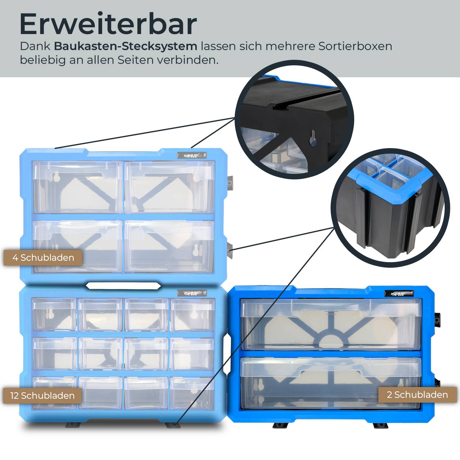 HMF Sortierbox für Kleinteile mit Schubladen, Sortimentskasten für Schrauben und Werkzeug, 4 Fächer, 29,5 x 19,5 x 16 cm-3