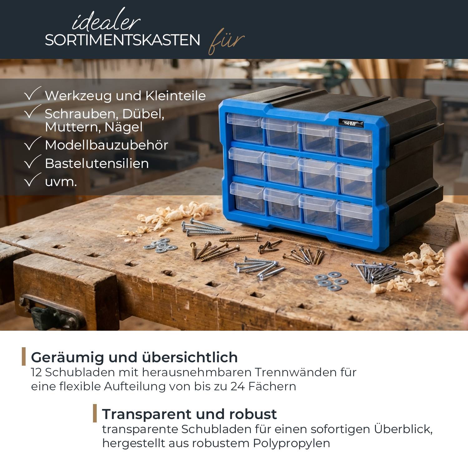 HMF Sortierbox für Kleinteile mit Schubladen, Sortimentskasten für Schrauben und Werkzeug, 24 Fächer, 29,5 x 19,5 x 16cm-1