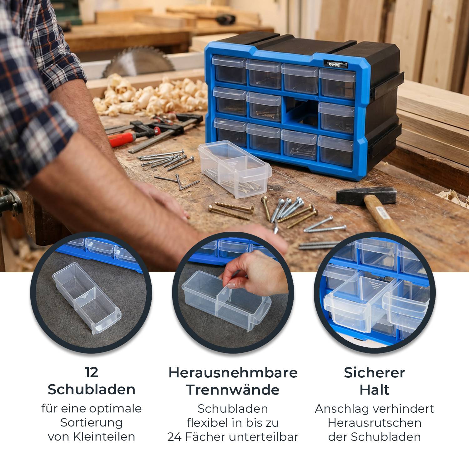 HMF Sortierbox für Kleinteile mit Schubladen, Sortimentskasten für Schrauben und Werkzeug, 24 Fächer, 29,5 x 19,5 x 16cm-2