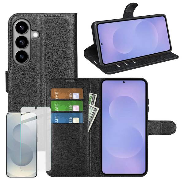 Handy Hülle + Schutzglas für Samsung Galaxy S26 Klapphülle 9H Kunstleder Flip