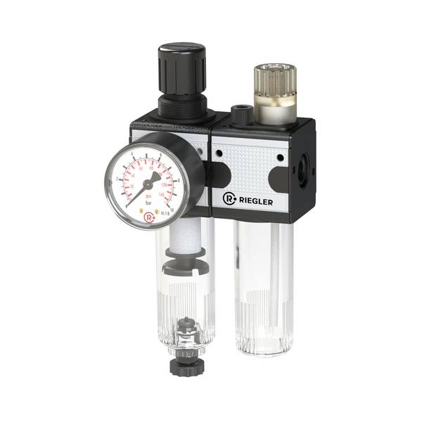 RIEGLER Wartungseinheit 2-tlg. »multifix« mit Polycarbonatbehälter, BG 1, G 1/4, Eingangsdruck max. 16 bar, Regelbereich