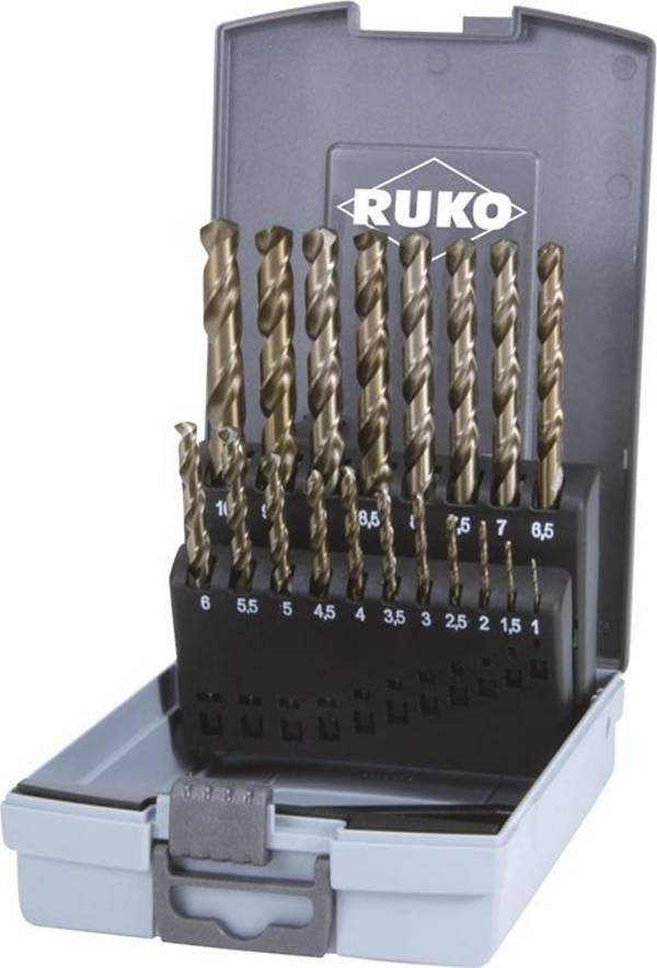 RUKO Spiralbohrersatz HSSE-Co 5 DIN 338 Typ VA 19tlg. Ø 1 - 10 mm in ABS-Kunststoffkassette - 215214RO