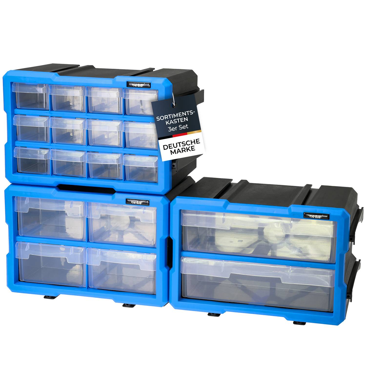 HMF Sortierbox für Kleinteile mit Schubladen, 3er Set, Sortimentskasten für Schrauben, 36 Fächer, 29,5 x 19,5 x 16 cm-0