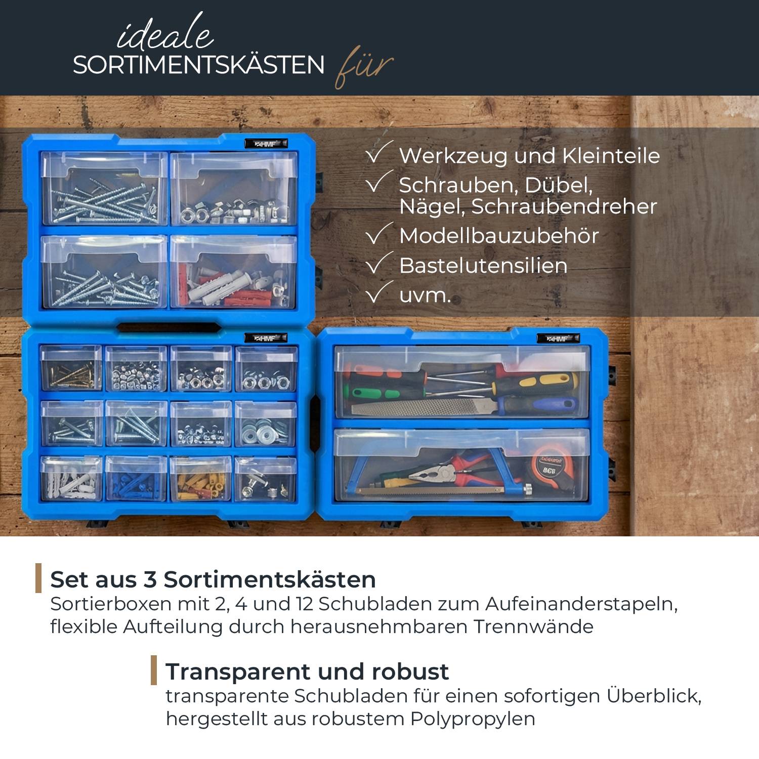 HMF Sortierbox für Kleinteile mit Schubladen, 3er Set, Sortimentskasten für Schrauben, 36 Fächer, 29,5 x 19,5 x 16 cm-1