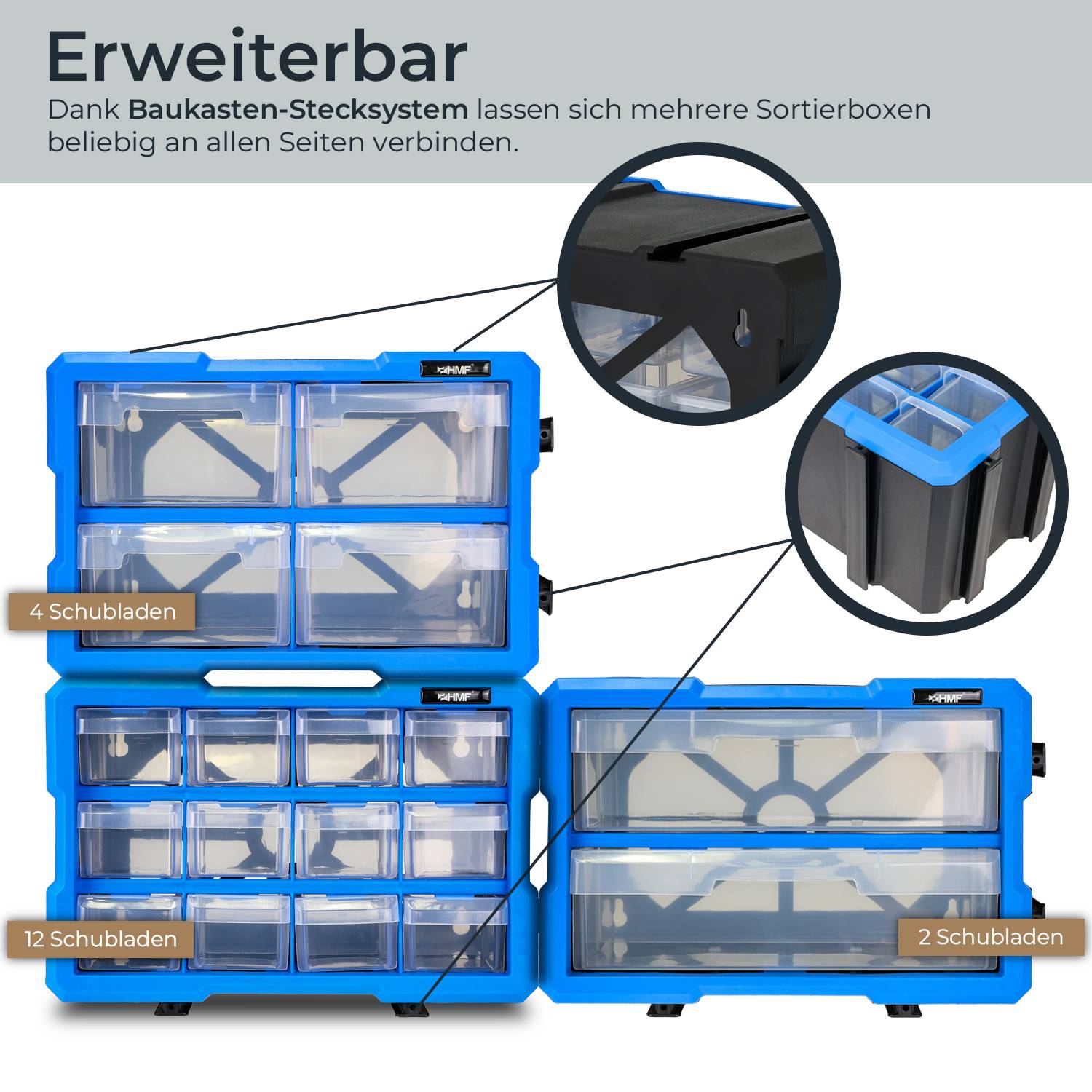 HMF Sortierbox für Kleinteile mit Schubladen, 3er Set, Sortimentskasten für Schrauben, 36 Fächer, 29,5 x 19,5 x 16 cm-3