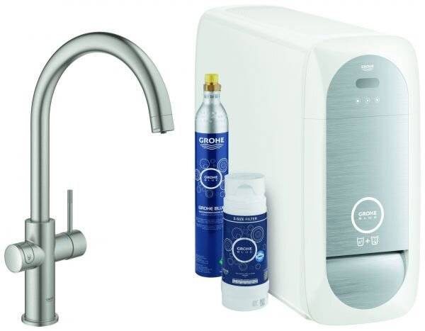 Grohe Blue Home Starterset, C-Auslauf, 1-Loch-Montage, Supersteel, 31455DC1-4