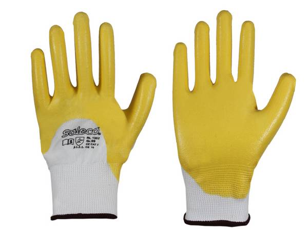 12 Paar Soleco® Feinstrickhandschuh Polyester gelb mit Nitril-Beschichtung EN 388 3121X Gr. 10