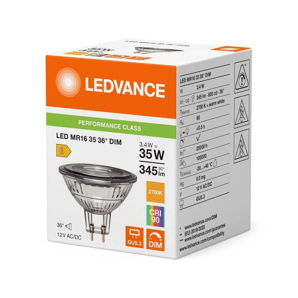 Symbolbild für LEDV LED Reflektor 3,4-35W/927 dimmbar MR16 12V GU5,3 36° 25000h EEK E Leuchtmittel LED LED