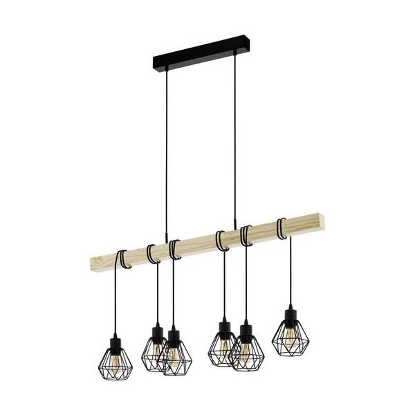 Eglo Pendelleuchte Townshend 5 Stahl Holz Schwarz | IP20 - Geeignet für 6x E27