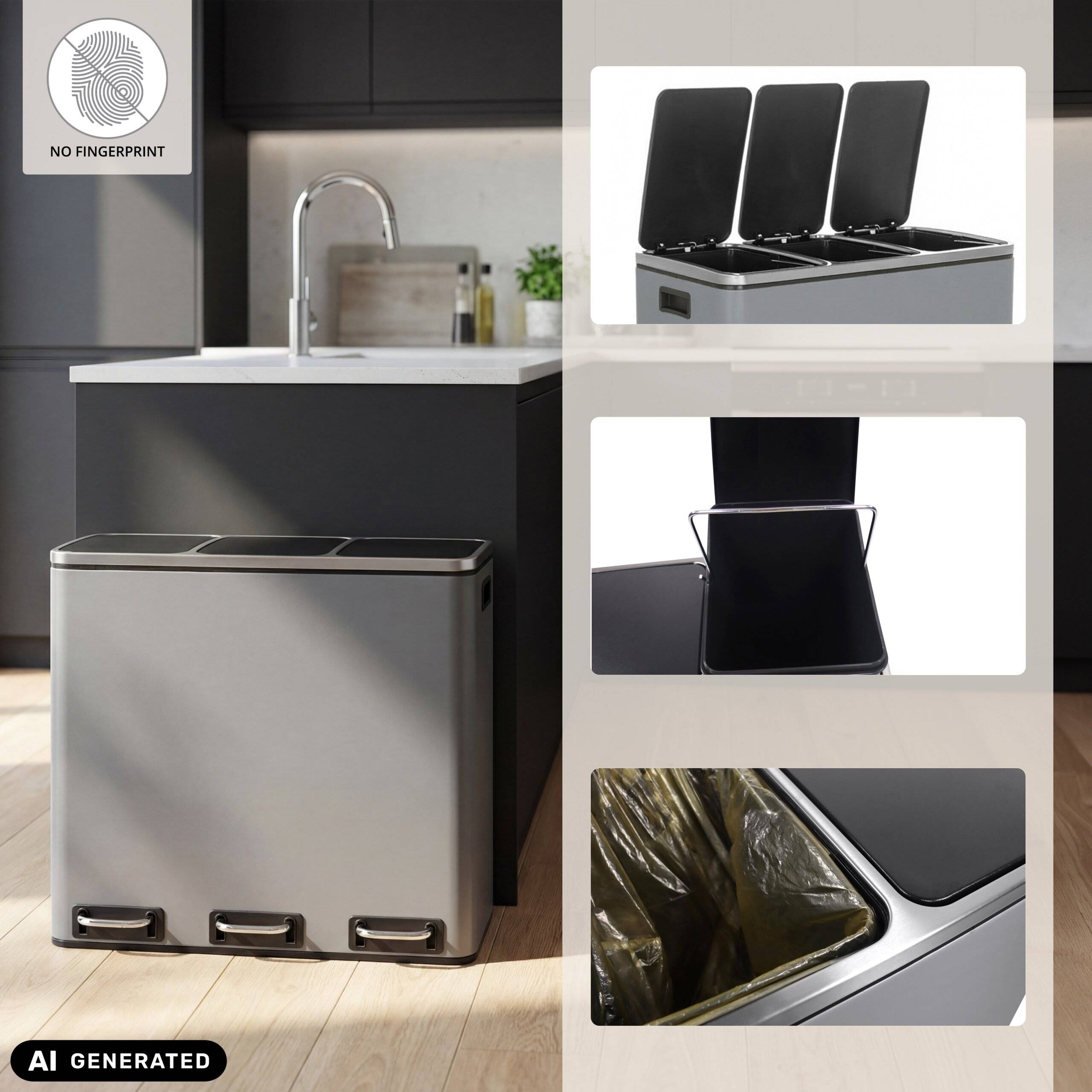 Abfallsammler Mülltrennsystem Clean 9 - 54L (3x18L) Stahl dunkelgrau hjh OFFICE-3