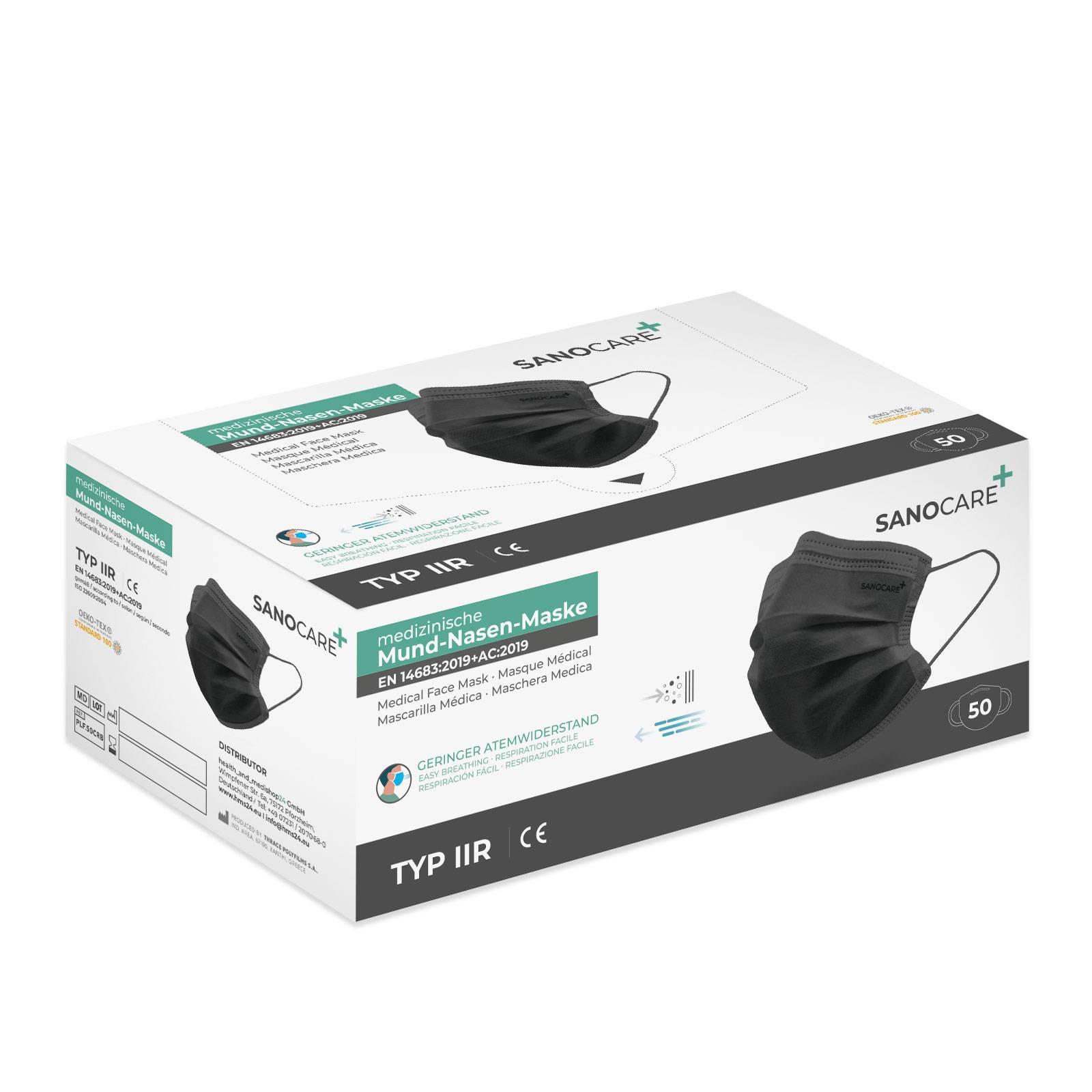 SANOCARE+ Mund-Nasen Maske Typ IIR (50er Box) - Schwarz-2