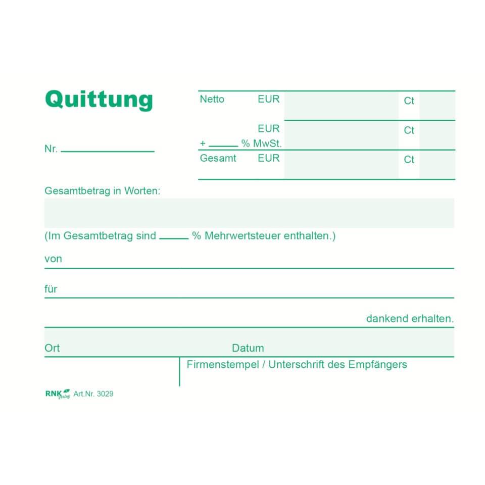 RNK - Quittung mit MwSt. separat ausgewiesen fortlaufenden Nummern Formularbuch - A6-3
