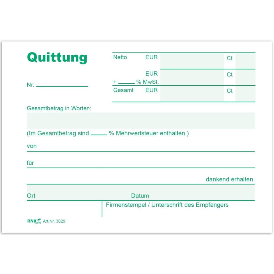 RNK - Quittung mit MwSt. separat ausgewiesen fortlaufenden Nummern Formularbuch - A6-4