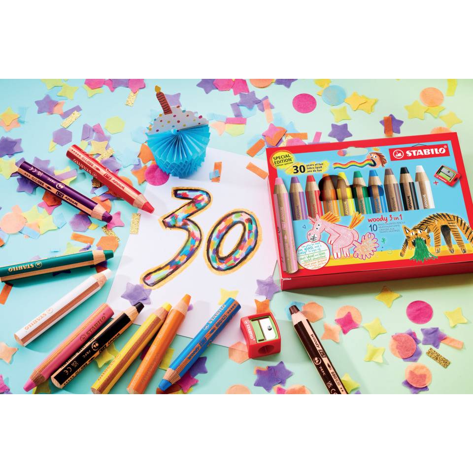 Aquarellfarbstift 10Stück woody 3 in 1 sort Einhorn + Tiger STABILO EO880/10-3-1