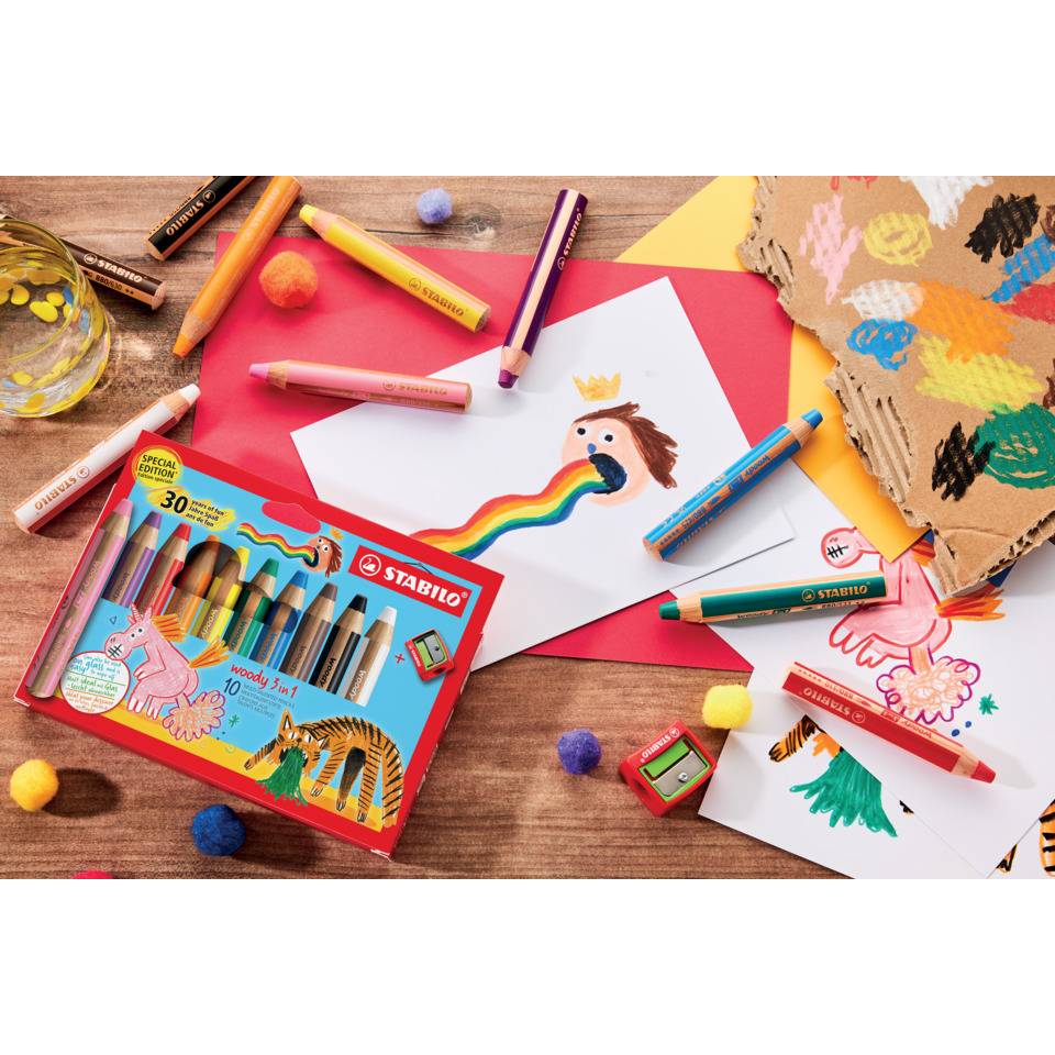 Aquarellfarbstift 10Stück woody 3 in 1 sort Einhorn + Tiger STABILO EO880/10-3-2