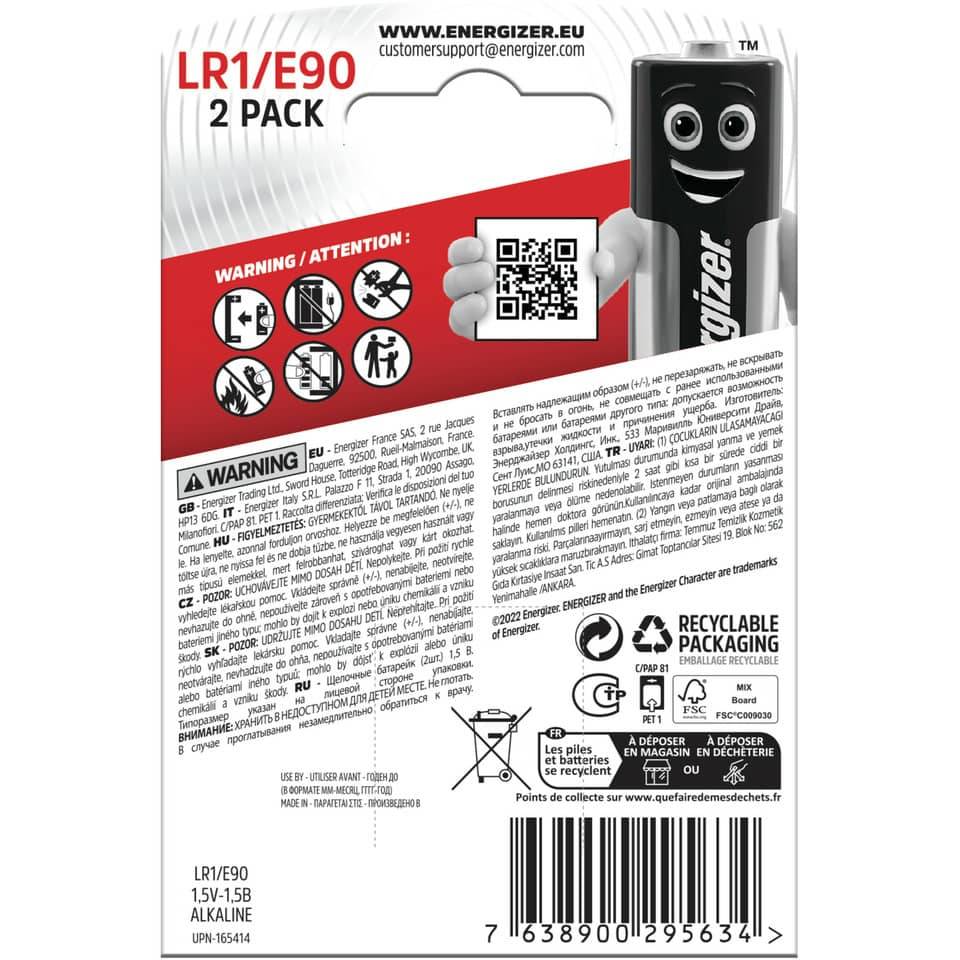 Batterie Alkali-Mangan, LR1/E90, 2 Stück ENERGIZER E300803302-1