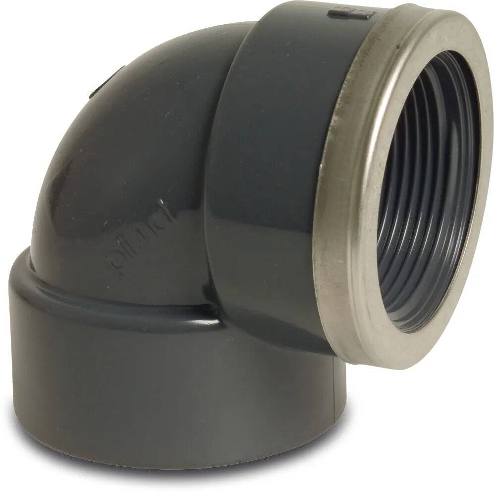 Profec Winkel 90° PVC-U 63 mm x 2" Klebemuffe x Innengewinde 16bar Grau mit Edelstahl Ring Typ
