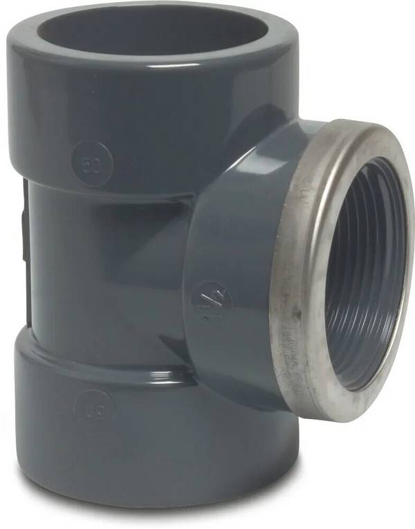 Profec T-Stück 90° PVC-U 63 mm x 2" x 63 mm Klebemuffe x Innengewinde x Klebemuffe 16bar Grau