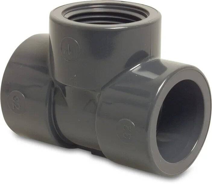 T-Stück 90° PVC-U 50 mm x 1/2" x 50 mm Klebemuffe x Innengewinde x Klebemuffe 10bar Grau