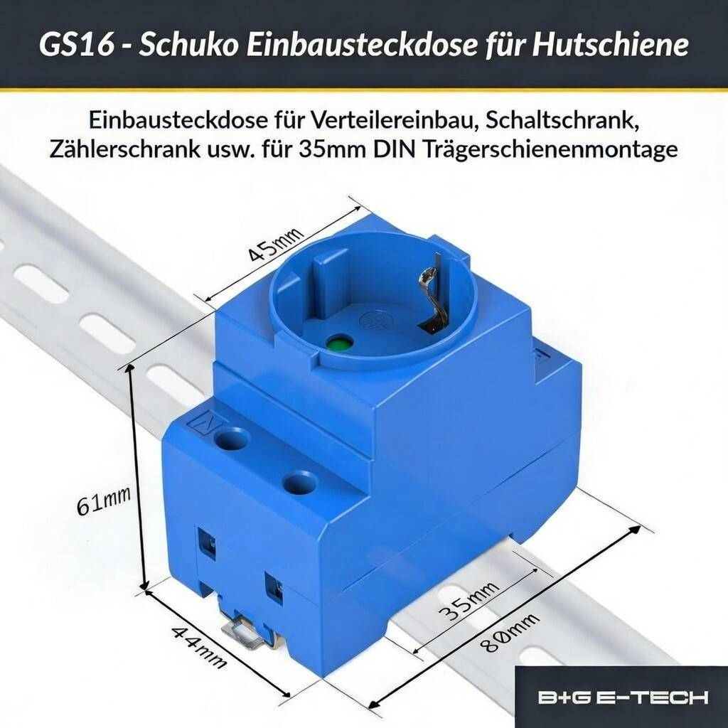 B+G E-Tech GS16 - Schuko- Einbausteckdose für DIN Hutschiene (BLAU) farbige Serie-2